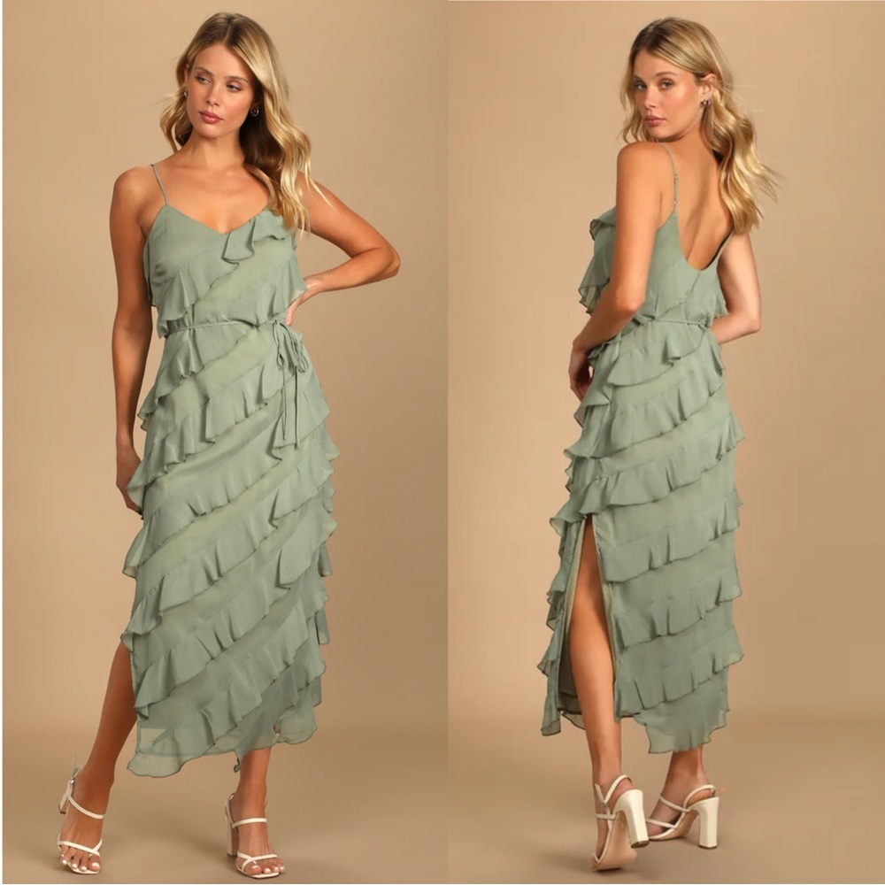 Lulu’s NWT - Sage Green Tiered Ruffled Midi Dress